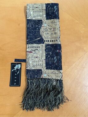 NWT ZAZOU 100% Silk Fringe Scarf Orchestra Music Instrument Print Vintage Style